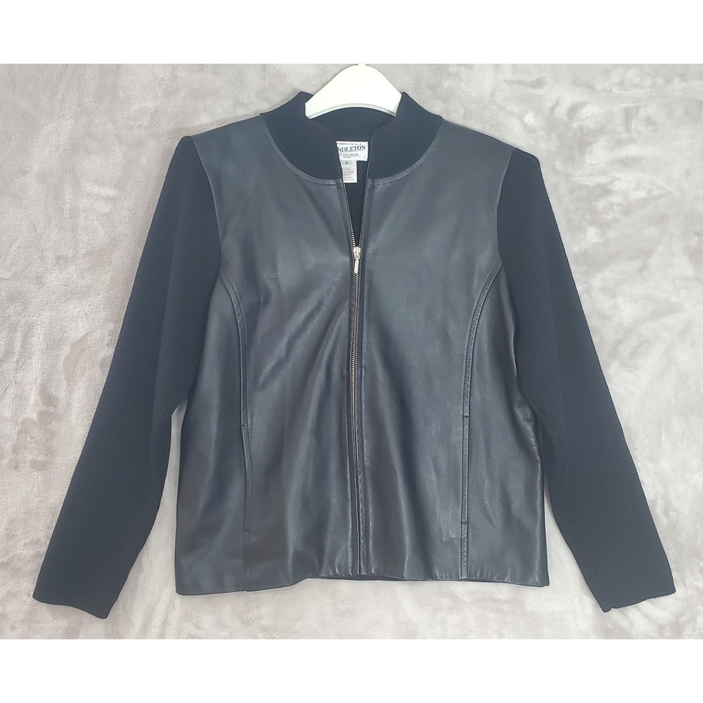 Pendleton Sweater Womens M Black Leather Merino Wool Full Zip Jacket  Petite